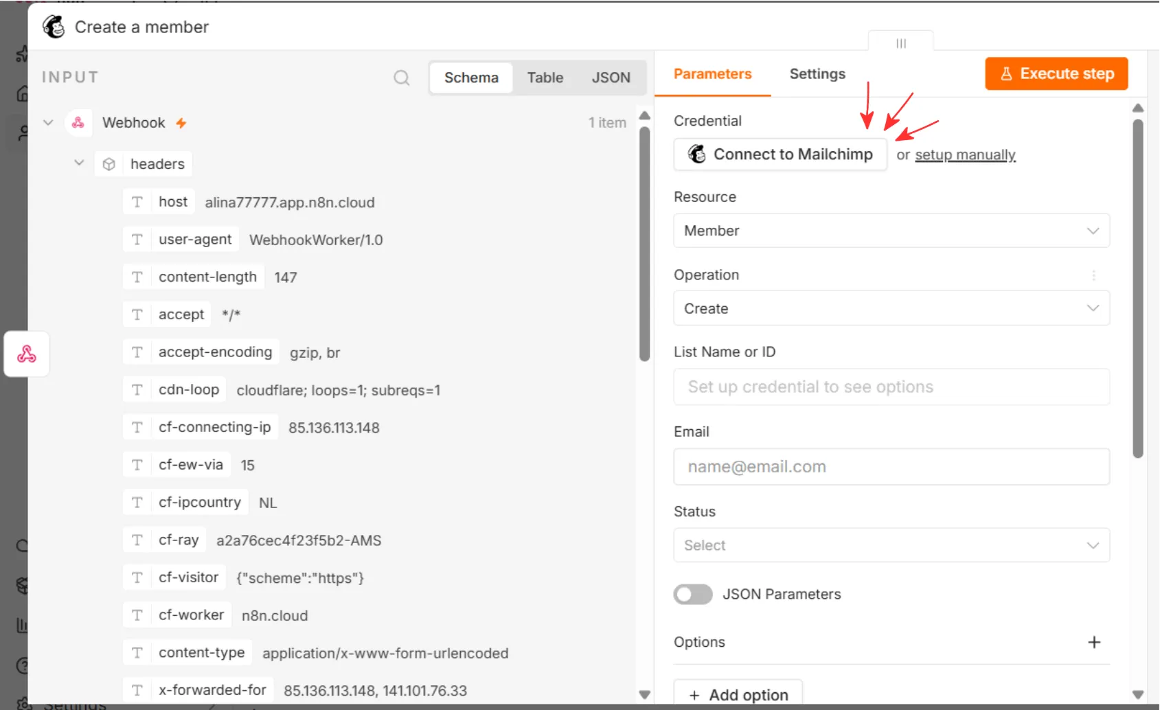 В поле Credential нажимаем Connect to Mailchimp В поле Credential нажимаем Connect to Mailchimp