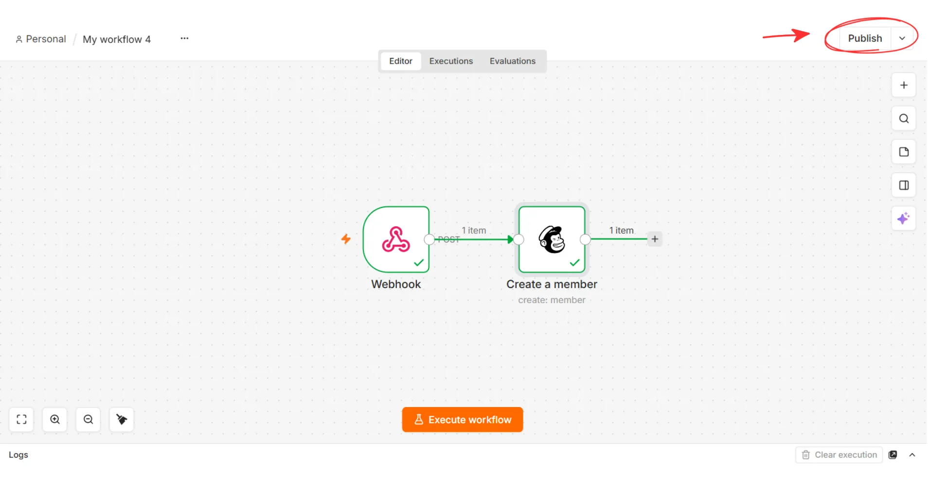 В n8n нажимаем Publish и активируем workflow В n8n нажимаем Publish и активируем workflow